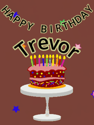 Happy Birthday Trevor GIF: Animated birthday gif of a chocolate cartoon cake and stars. Animated text can be customized with name.