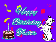 Happy Birthday Trevor GIF: Silly happy birthday gif with a cute dog in a corner and rainbow animation confetti. Birthday cake in order with candle.