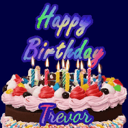 Happy Birthday Trevor GIF: A dark blue birthday gif with a beautiful cake with flickering candles, background sparkles and a name to customize.