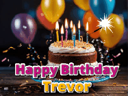 Happy Birthday Trevor GIF: A birthday cake with flickering candles gif with text reading Happy Birthday and a Name slot to customize
