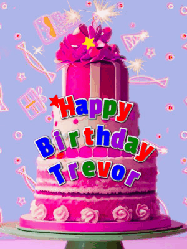 Happy Birthday Trevor GIF: A big beautiful birthday cake gif with falling confetti, sparklers, and balloons, reads Happy Birthday Name. Customize it.