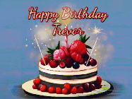 Happy Birthday Trevor GIF: Animated GIF of a birthday cake covered in berries with 2 sparklers and a candle, reads Happy Birthday Name. Customize it.