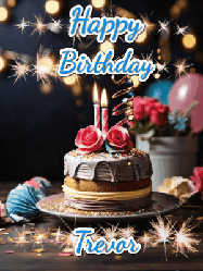 Happy Birthday Trevor GIF: Sparkles and glitter happy birthday gif with a cake and flickering candles and sparklers behind the words happy birthday customize