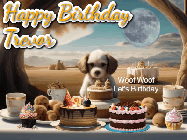 Happy Birthday Trevor GIF: Animated birthday gif with a dog at a fancy birthday table loaded with cakes as hearts appear. It reads Happy Birthday Customize.