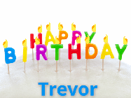 Happy Birthday Trevor GIF: Birthday Candles animated gif with star confetti and lettered birthday candles and a name to customize.