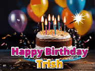 Happy Birthday Trish GIF: A birthday cake with flickering candles gif with text reading Happy Birthday and a Name slot to customize