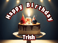 Happy Birthday Trish GIF: Animated happy birthday gif with a cake and flickering candles with colorful falling confetti and text reading Happy Birthday