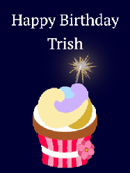 Happy Birthday Trish GIF: A cute birthday cupcake gif with an animated sparkler and 2 lines of text to customize for a special birthday.
