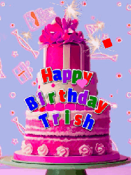 Happy Birthday Trish GIF: A big beautiful birthday cake gif with falling confetti, sparklers, and balloons, reads Happy Birthday Name. Customize it.