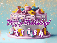 Happy Birthday Trish GIF: A beautiful birthday cake gif with animated sparkles and glitter Happy Birthday Name you can customize