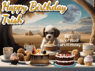 Happy Birthday Trish GIF: Animated birthday gif with a dog at a fancy birthday table loaded with cakes as hearts appear. It reads Happy Birthday Customize.