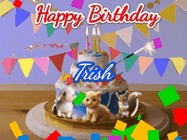 Happy Birthday Trish GIF: Happy Birthday Cake GIF with a cat, lamb, and squirrel on the cake with flickering candles, a sparkler, and falling confetti. Reads Happy Birthday Name and you can customize the name
