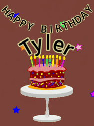 Happy Birthday Tyler GIF: Animated birthday gif of a chocolate cartoon cake and stars. Animated text can be customized with name.