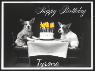 Happy Birthday Tyrone GIF: Vintage animated birthday card gif with name, flickering candles, birthday cake, and 2 dogs sitting at the table.