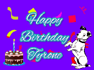Happy Birthday Tyrone GIF: Silly happy birthday gif with a cute dog in a corner and rainbow animation confetti. Birthday cake in order with candle.