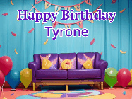 Happy Birthday Tyrone GIF: Animated gif happy birthday with 3 rings of fireworks in front of a party room sofa. Customize it.