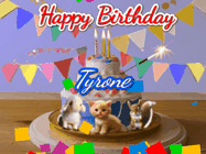 Happy Birthday Tyrone GIF: Happy Birthday Cake GIF with a cat, lamb, and squirrel on the cake with flickering candles, a sparkler, and falling confetti. Reads Happy Birthday Name and you can customize the name
