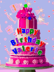 Happy Birthday Valerie GIF: A big beautiful birthday cake gif with falling confetti, sparklers, and balloons, reads Happy Birthday Name. Customize it.