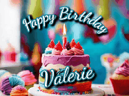 Happy Birthday Valerie GIF: Animated Happy Birthday Gif reading Happy Birthday Customize. Depicts a colorful birthday with flickering candles and glitter.