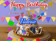 Happy Birthday Valerie GIF: Happy Birthday Cake GIF with a cat, lamb, and squirrel on the cake with flickering candles, a sparkler, and falling confetti. Reads Happy Birthday Name and you can customize the name