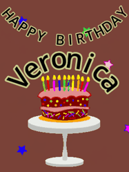 Happy Birthday Veronica GIF: Animated birthday gif of a chocolate cartoon cake and stars. Animated text can be customized with name.