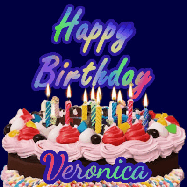 Happy Birthday Veronica GIF: A dark blue birthday gif with a beautiful cake with flickering candles, background sparkles and a name to customize.
