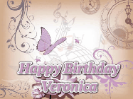 Happy Birthday Veronica GIF: Classical birthday gif background with colorful musical notes floating past and a name you can customize, reads Happy Birthday.