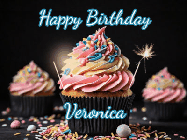 Happy Birthday Veronica GIF: A delicious cupcake gif with animated sparkles reading Happy Birthday with a name to customize
