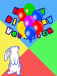 Happy Birthday Veronica GIF: Birthday gif animated with a cute bunny rabbit curious about some birthday balloon that float up revealing birthday wish.