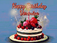 Happy Birthday Veronica GIF: Animated GIF of a birthday cake covered in berries with 2 sparklers and a candle, reads Happy Birthday Name. Customize it.