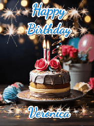 Happy Birthday Veronica GIF: Sparkles and glitter happy birthday gif with a cake and flickering candles and sparklers behind the words happy birthday customize