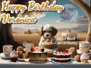 Happy Birthday Veronica GIF: Animated birthday gif with a dog at a fancy birthday table loaded with cakes as hearts appear. It reads Happy Birthday Customize.