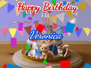 Happy Birthday Veronica GIF: Happy Birthday Cake GIF with a cat, lamb, and squirrel on the cake with flickering candles, a sparkler, and falling confetti. Reads Happy Birthday Name and you can customize the name
