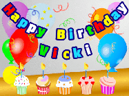 Happy Birthday Vicki GIF: Animated happy birthday gif with a party balloon background, a row of cupcakes, and birthday banner to customize.