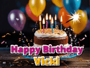 Happy Birthday Vicki GIF: A birthday cake with flickering candles gif with text reading Happy Birthday and a Name slot to customize