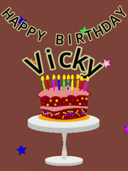 Happy Birthday Vicky GIF: Animated birthday gif of a chocolate cartoon cake and stars. Animated text can be customized with name.