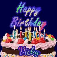 Happy Birthday Vicky GIF: A dark blue birthday gif with a beautiful cake with flickering candles, background sparkles and a name to customize.