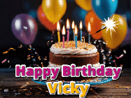 Happy Birthday Vicky GIF: A birthday cake with flickering candles gif with text reading Happy Birthday and a Name slot to customize
