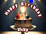 Happy Birthday Vicky GIF: Animated happy birthday gif with a cake and flickering candles with colorful falling confetti and text reading Happy Birthday