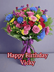 Happy Birthday Vicky GIF: A beautiful animated birthday gif with a bouquet of flowers and animated hearts reading Happy Birthday Customize