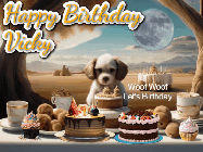 Happy Birthday Vicky GIF: Animated birthday gif with a dog at a fancy birthday table loaded with cakes as hearts appear. It reads Happy Birthday Customize.