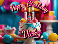 Happy Birthday Vicky GIF: Animated birthday gif with a beautiful colorful birthday can and sparkles in the air. It reads Happy Birthday Customize.