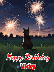 Happy Birthday Vicky GIF: An animated gif at night showing the backside of a sitting cat who watches sparkle and fireworks over a meadow. Customize name and happy birthday.