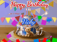 Happy Birthday Vicky GIF: Happy Birthday Cake GIF with a cat, lamb, and squirrel on the cake with flickering candles, a sparkler, and falling confetti. Reads Happy Birthday Name and you can customize the name