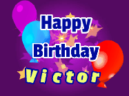 Happy Birthday Victor GIF: A lovely purple birthday gif animated with moving text, a balloon, and bubbles. Customize it.