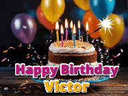 Happy Birthday Victor GIF: A birthday cake with flickering candles gif with text reading Happy Birthday and a Name slot to customize