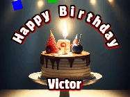 Happy Birthday Victor GIF: Animated happy birthday gif with a cake and flickering candles with colorful falling confetti and text reading Happy Birthday
