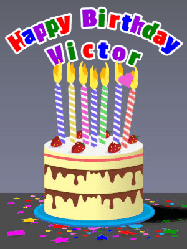 Happy Birthday Victor GIF: Cartoon style animated birthday cake gif with flickering candles, balloons, and stars. Customize the name banner.
