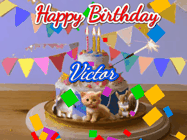 Happy Birthday Victor GIF: Happy Birthday Cake GIF with a cat, lamb, and squirrel on the cake with flickering candles, a sparkler, and falling confetti. Reads Happy Birthday Name and you can customize the name