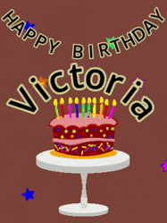 Happy Birthday Victoria GIF: Animated birthday gif of a chocolate cartoon cake and stars. Animated text can be customized with name.